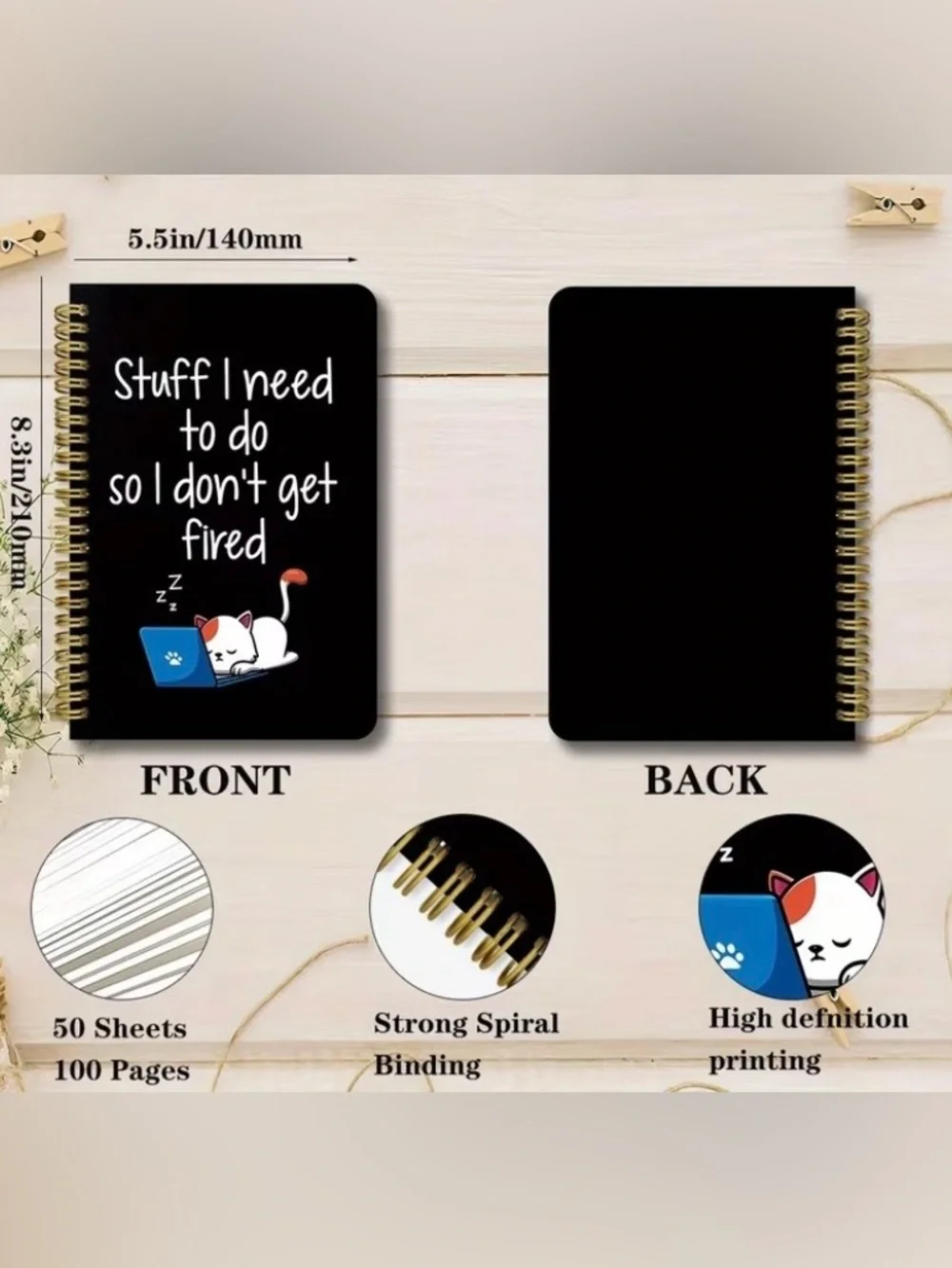 Black Spiral Notebook with Humorous Cat Design